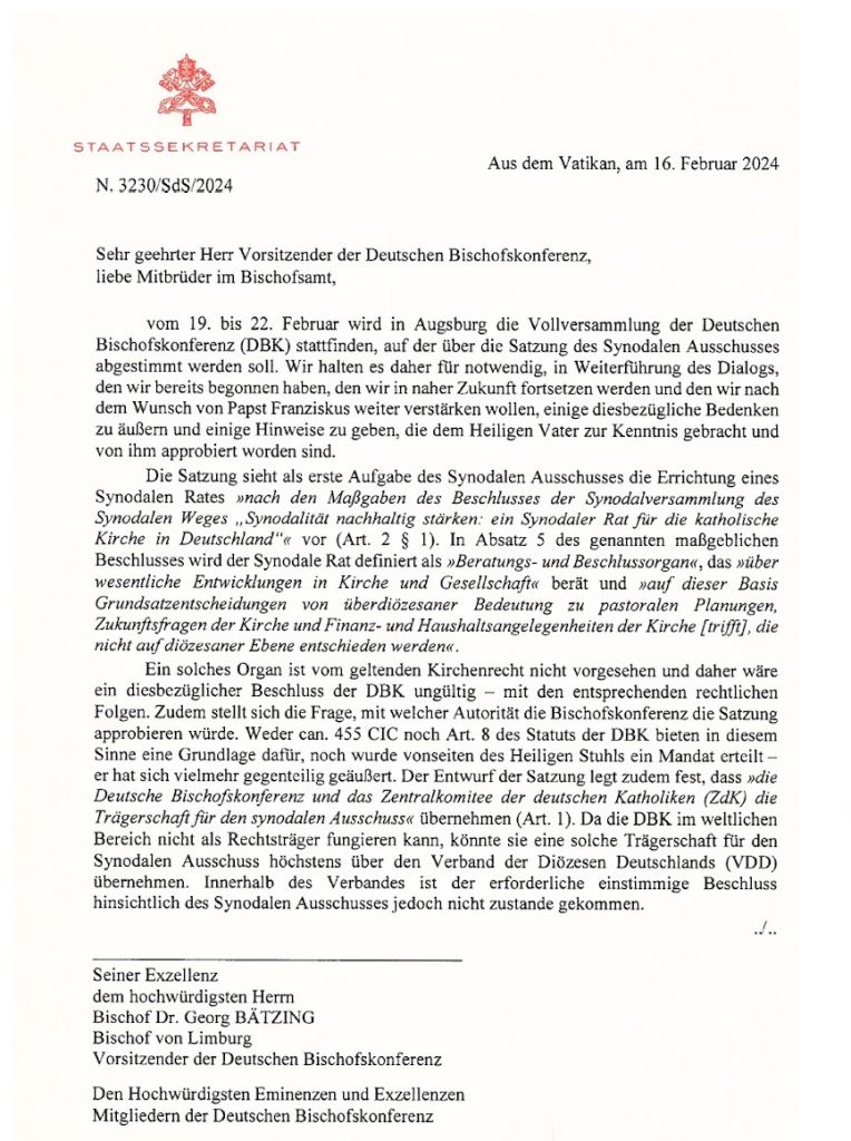 Papa detiene cisma en Alemania: texto completo de la carta vaticana